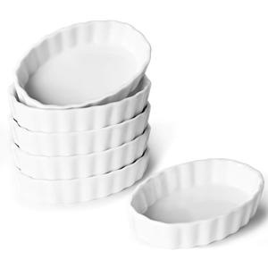 ONTUBE Small Ramekins -Porcelain Oval Shape Ramekins for Creme Brulee Dishes,Dipping Sauces,Baking Pudding Cups, Souffle Dish,Oven Safe,Set of 6, White