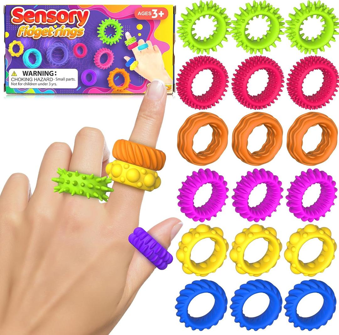 Fidget Toys Kids Sensory Rings: Fidget Ring Sensory Toys for Kids with Autism - Quiet Anxiety Fidgets for Classroom 18 Pack