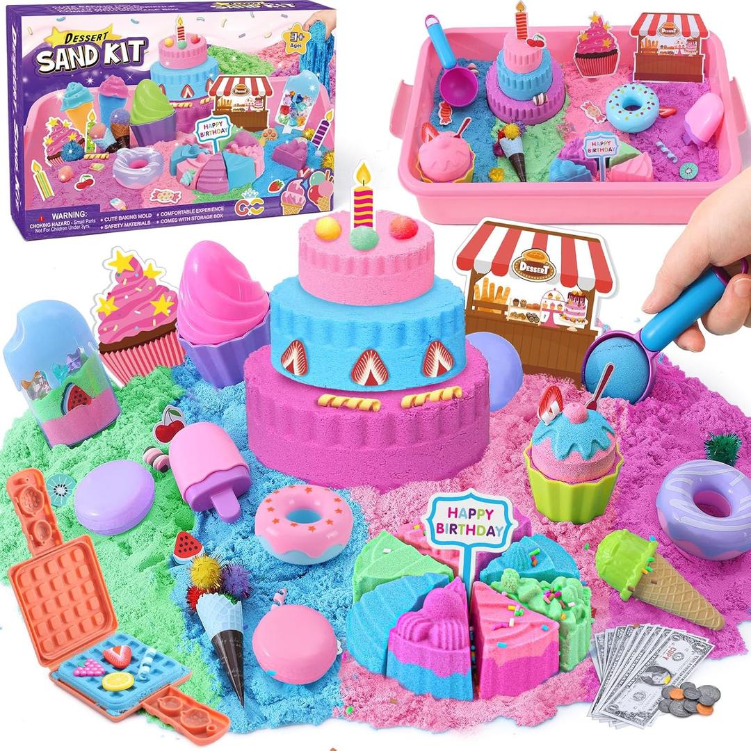 Golray Ice Cream Sensory Bin for Girls, Play Sand Art Kit with Sandbox, 2lb Magic Sand, Cake & Waffle Molds, Pretend Play Desserts Toys, Sensory Toy Set Gifts for Girl Toddlers Ages 3 4 5 6 7 8