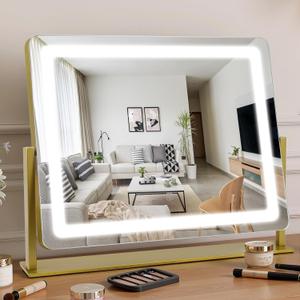 Bearolve Vanity Mirror with Lights 22"×17", Large LED Makeup Mirror with Light, Smart Touch with 3-Color Lighting, Dimmable, 360° Rotation, HD Desk Mirror, Vanity Mirror Tabletop (Gold)