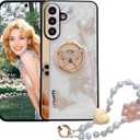 for Samsung Galaxy A16 Glitter Case with Chain Bracelet & Kickstand, Bling Butterfly Flower Shockproof Protective Cover, Sparkle Crystal Pearl Design for Samsung A16 DLH-White