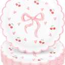 Whaline 40Pcs Pink Bow Paper Plates 9 Inch Scalloped Bowknot Cherry Plates Bow Heart Disposable Dessert Cake Plate For Bachelorette Bridal Engagement Wedding Birthday Baby Shower Party Supplies