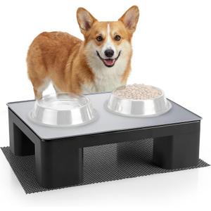 Upgraded Elevated Dog Bowl Stand and 100% Waterproof & Non-Slip Mat, Raised Bowl Stand for Small Medium Dogs, Easy-Clean Silicone Pet Food Mat- Neck Strain Relief & Protect Your Floors
