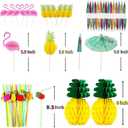 JOPHMO Tropical Luau Party Decoration Pack Hawaiian Beach Theme Party Favors Luau Party Supplies (112 PCS) including Banner, Table Skirt, Straws, Flamingo, Pineapple Dcors.