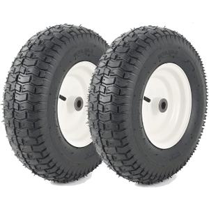 (2-Pack) 16x6.50-8 Pneumatic Tires on Rim - Universal Fit Lawn Mower and Yard Tractor Wheels - With Chevron Turf Treads - 3" Centered Hub and 3/4" Bushings - 396 lbs Max Weight Capacity (16x6.50-8 Pneumatic (Centered Hub))
