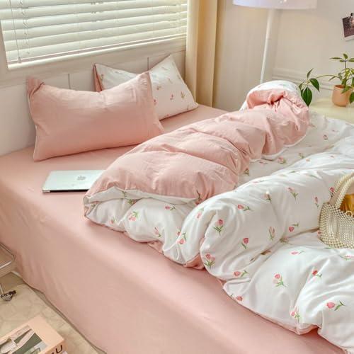 Nayoroom Pink Floral Duvet Cover Full Size Coquette Tulip Printed on White Reversible Comforter Cover 3Pcs Kids Girls Cottagecore Bedding Set with Zipper Closure Soft Breathable Microfiber