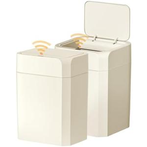 ELPHECO 2 Pack 3.5 Gallon Bathroom Trash Can with Lid Motion Sensor Slim Garbage Can Bathroom Decor Waterproof Smart Small Trash Bin for Kitchen, Office, Bedroom, Living Room, Toilet, Cream Beige
