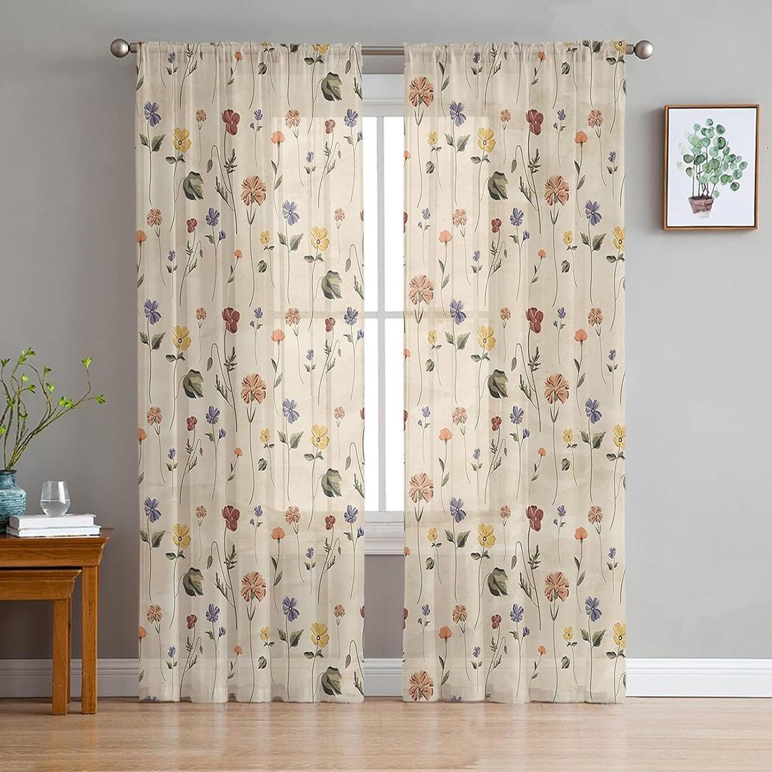 Semi Sheer Curtains 72 inches Long, Retro Small Floral Window Treatments Curtains,Light Filter Curtains Rod Pocket Drapes for Living Room Bedroom,2 Panels (52"W x 72"L (Pack of 2), Flowerfge2542)