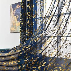 Deeprove Sheer Curtains 96 Inches Long 2 Panels, Gold Foil Metallic Vine Leaves Print Window Treatments Pair for Bedroom, Golden Bronzing Privacy Drapes, Rod Pocket, 52" W x 96" L, Navy Blue