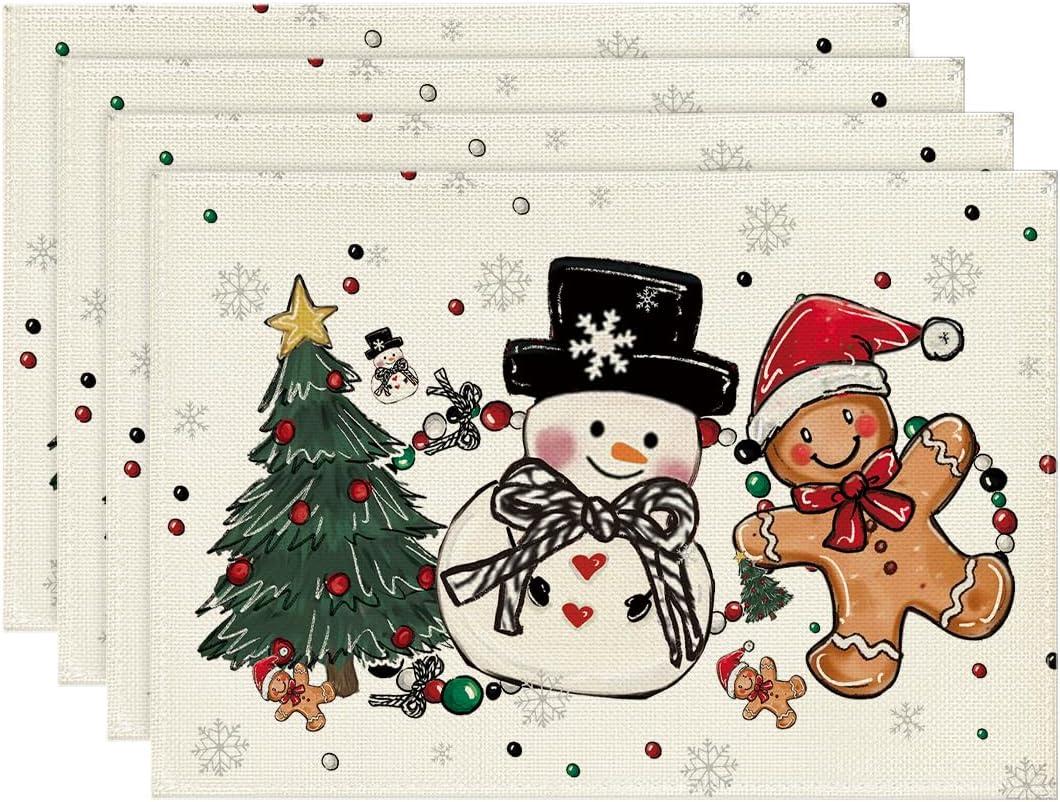 Artoid Mode Snowman Tree Gingerbread Gifts Merry Christmas Placemats Set of 4, 12x18 Inch Seasonal Winter Holiday Table Mats for Party Kitchen Dining Decoration (Beige)