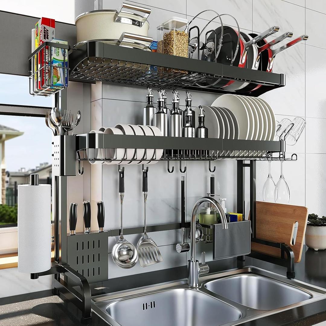 LIVOD Over The Sink Dish Drying Rack,3 Tier Adjustable Length Full Stainless Steel Large Storage Kitchen Dish Rack,for Kitchen Counter Expandable Multifunctional Organizers,Silver (25.5'' to 37.6''), 3 Tier Style A