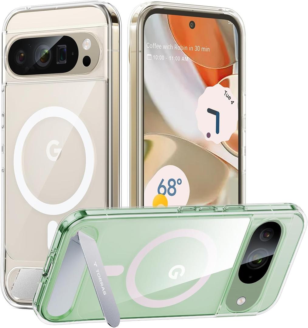 TORRAS Magnetic & Stand for Google Pixel 9 Pro Case/Pixel 9 Case, Fit for MagSafe, 12FT Mil-Grade Drop Protection, Slim Fit for Google Pixel 9/9 Pro Phone Case with Built-in Kickstand, Crystal Clear