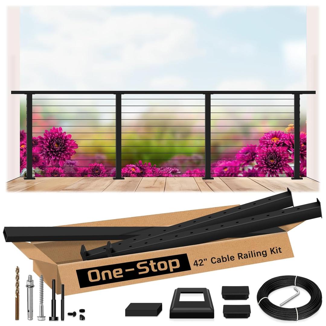 8ft-12ft Complete Set 42" Deck Cable Railing System with Handrail Adjustable, T304 Stainless Steel Black Level Drilled Cable Railing Posts Kit with 1/8" Cable Railing Hardware for Outdoors