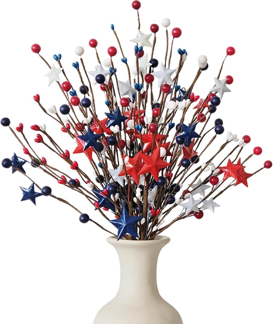 Idyllic 4th of July Decorations, 8 Pcs 16 Inch Red White Blue Patriotic Berry Sprigs with Stars, Artificial Berry Stems for Memorial Day Wreath & DIY Holiday Decor