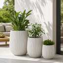 Set of 3 Fluted Round Polystone Indoor/Outdoor Planters, White, Sizes: 20.1 x 20.1 x 20.9 in., 15.1 x 15.1 x 16.5 in., 11 x 11 x 12.2 in.