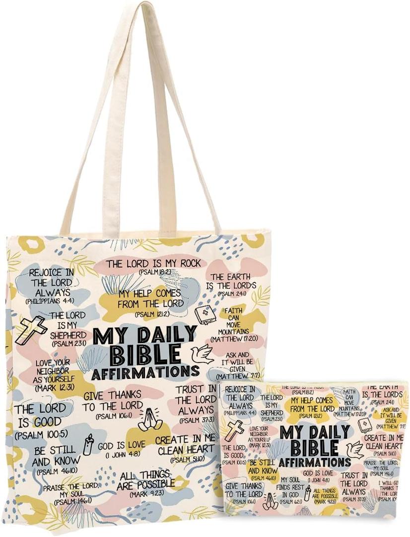 Daily Affirmations for Women Faith Christian Gifts2PCS Cosmetic Bag Canvas Tote Bag Beach Bags with Pocket Makeup BagsScripture Bible Verse Mental Health Gifts for Female Friend Birthday Christmas