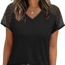 WIHOLL Summer Tops for Women V Neck T-Shirts Swiss Dot Short Sleeve Shirts Casual Fashion Blouses (Small, 0-black)