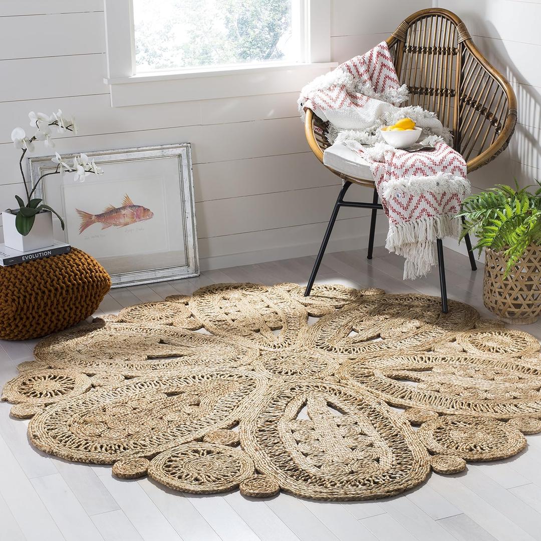 SAFAVIEH Area Rug 4' Round - Natural Fiber Collection - Natural Brown, Handmade Jute, Decorative Boho Floral Design (NF360A)