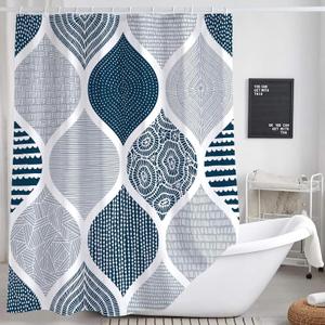 Blue and Grey Shower Curtain for Bathroom, Light Blue White Dark Gray Navy Bohemian Chic Geometric Pattern Fabric Shower Curtains Set, Modern Paisley Restroom Decor Accessories with Hooks 72X75Inches