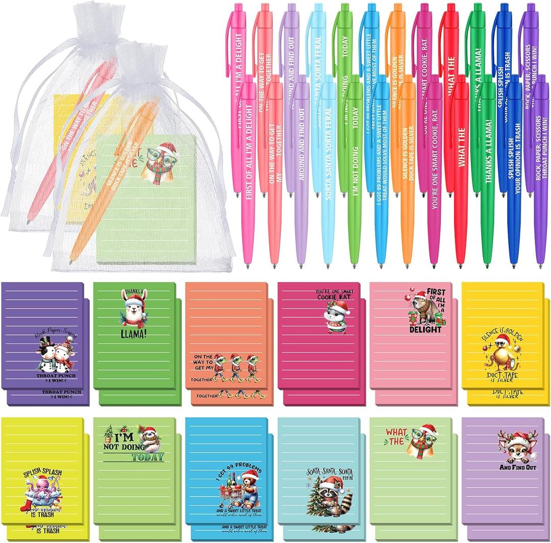 Eersida 48 Pcs Staff Employee Appreciation Gifts Bulk Christmas Animals Sticky Notes 30 Sheets of Each and 24 Pens with Organza Bags Christmas Appreciation Gifts Supplies for Office Coworker Employee