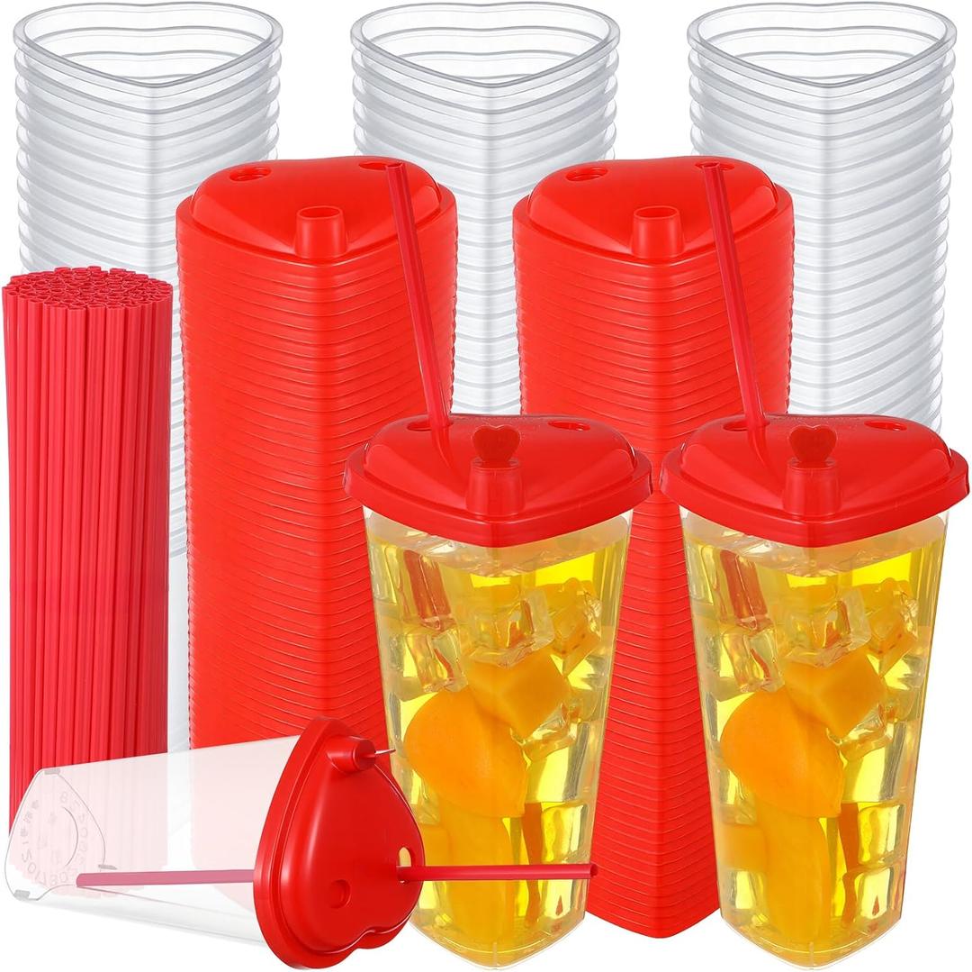 Sliner 100 Pcs Clear Heart Shaped Plastic Cup with Lids and Straws 16 oz Disposable Split Double Thicken Cold Drinking Cup Bulk for Coffee Valentine Summer Party Supplies