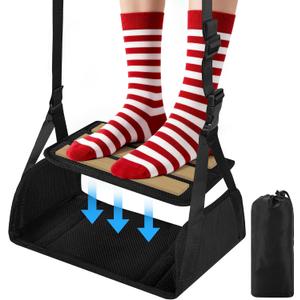 Airplane Foot Hammock for Plane Travel, Detachable Bamboo Airplane Foot Rest for Long Flight, Desk Foot Hammock with Extended Adjustable Strap to Relax Your Feet, Foot Sling Travel Essentials (Standard Size)