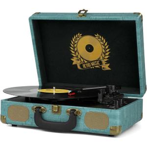Vinyl Record Player 3-Speed Bluetooth Suitcase Portable Belt-Driven, Supports Bluetooth, RCA Output, 3.5mm aux-in and Headphone Jack and MP3, Mobile Phones Music Playback