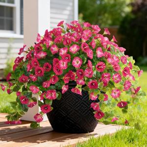 Homsunny Artificial Fake Flowers Plants UV Resistant, Faux Petunias Silk Flowers for Outdoors No Fade, Fake Outdoor Flowers for Planters Spring, Realistic Home Garden Balcony Yard Decor (Red)
