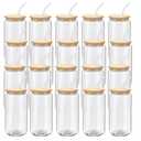 YOUKE OLA 20 Pack Glass Cups with Bamboo Lids and Glass Straw 16oz Beer Can Shaped Drinking Glasses Cups, Glass Tumbler Reusable Cute Cups for Whiskey, Iced Coffee, Tea, Soda, Cocktail, Gift, Clear