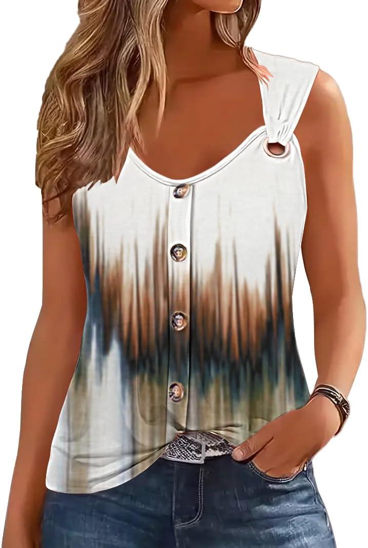 Womens Summer Tops Scoop Neck O Ring Shoulder Tank Tops Casual Sleeveless Button Front T Shirt Blouse (Small)