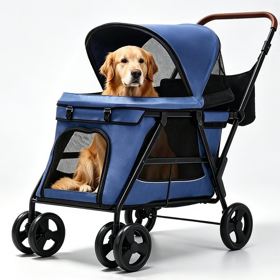 Dog Stroller for Large & Medium Dogs, Foldable Pet Stroller for 2 Small Dogs Up to 66lbs, with All-Terrain Wheels, Breathable Mesh Ventilation & Storage Pocket (Blue)