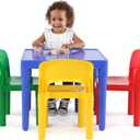 Humble Crew Kids Plastic Table and Chair Set, Toddler Activity Table with 4 Chairs, Lightweight Easy-Clean Kids Desk for Play, Snacks-Crafts, Indoor Outdoor Playroom Furniture, Blue/Primary