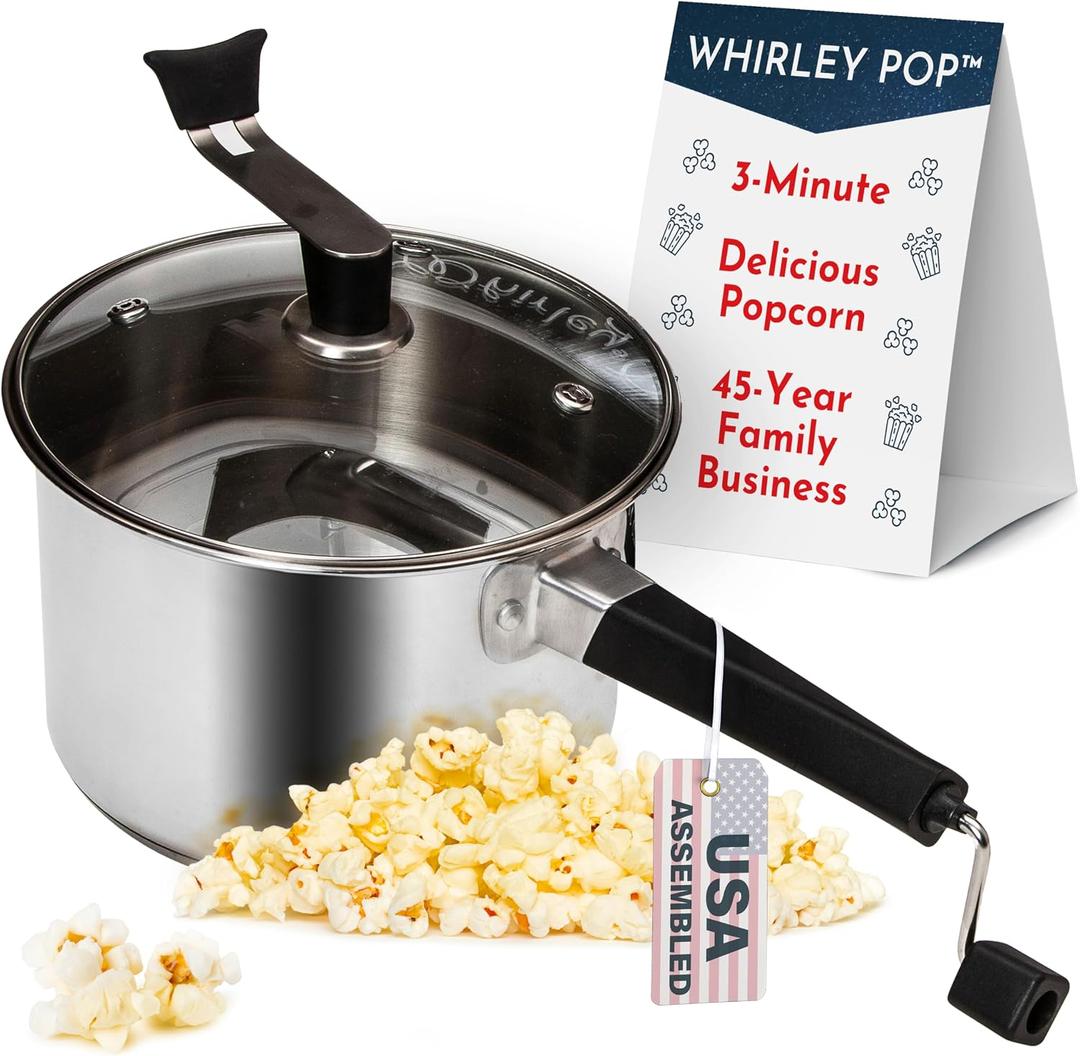 Original Whirley Pop Popcorn Machine 3-Minute Stovetop Popcorn Maker, Home Movie Night, Game Night Snacks Stainless Steel Popper with Metal Gears Wabash Valley Farms (Premium Series)