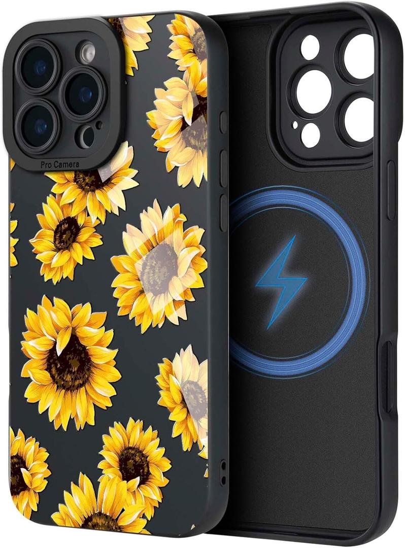 Case for iPhone 16 Pro [Compatible with MagSafe] Built in Magnetic Cute Girly Sleek Print Boho Aesthetic Style Design for Women Girls Flowers Floral Sunflower Soft TPU Protective Shockproof Black