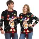 Ugly Christmas Sweater Women Men,Light Up Christmas Sweater for Couples,Funny Cute Reindeer LED Xmas Tacky Sweaters L