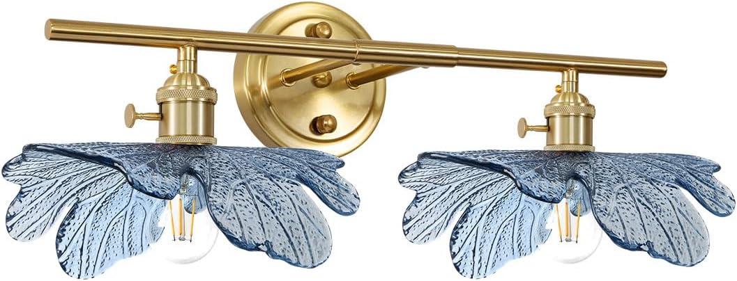2 light bathroom vanity light gold brass wall sconce with Blue Flower Glass Shade mid century wall light vintage wall sconce art deco Bathroom Lights Over Mirror for Bedroom Hallway Living Room (Blue)