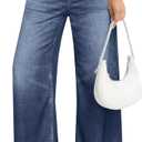 EUYZOU Womens Wide Leg Trendy Jeans Terry Look Like Denim High Waisted Baggy Loose Pants with Pocket (Blue)