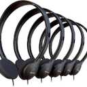 5 Pack Bulk Wired Headphones, On Ear with 3.5mm Jack, 4ft Tangle Free Cable, Comfortable Fit, Affordable and Cost Effective, Ideal for School Classroom Testing Students Events Groups, Black