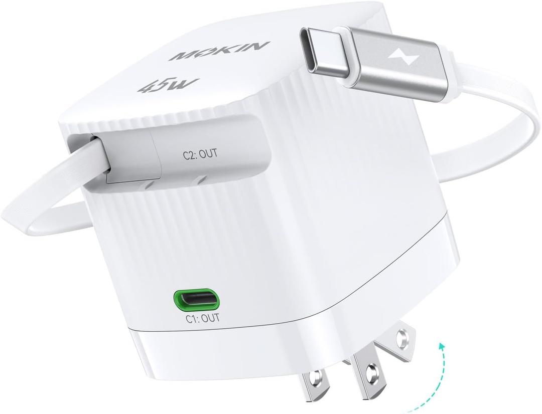 USB-C Charger Block, 45W GaN 2 Port Fast Charging w/Built-in Retractable C Cable & Foldable Plug, PD/PPS for iPhone 16Pro Max/16/Pixel 9 pro/Galaxy/iPad/MacBook (White)