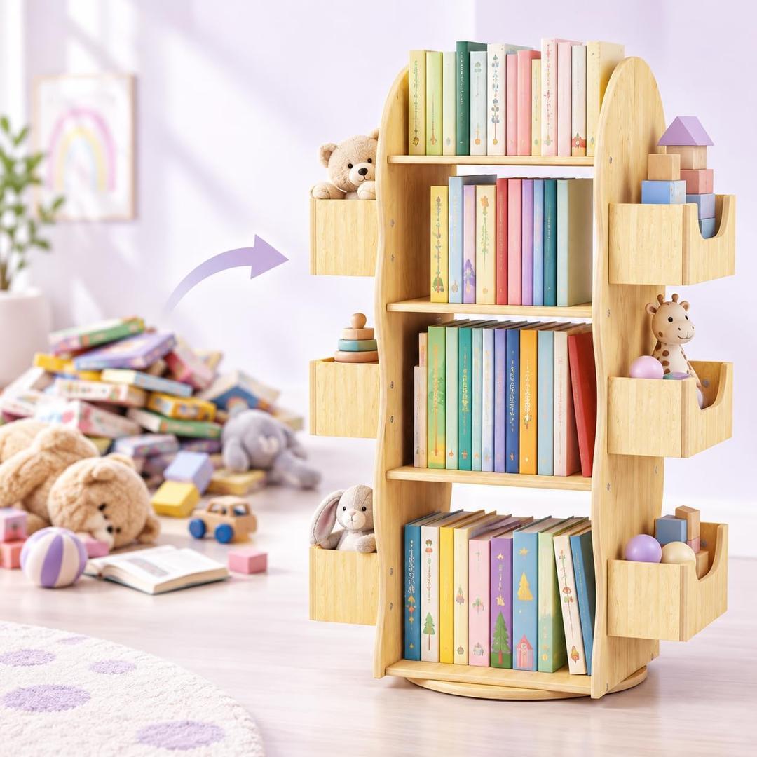Small Rotating Book Shelf for Toddler Room 4 Tier Wood Swivel Bookcase