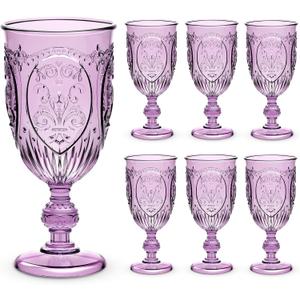 6 Pcs Plastic Goblets 7.5oz Vintage Goblet Plastic Wine Glasses Colored Retro Embossed Water Goblets for Wine Bar Juice Baby Shower Wedding Reception Grand Event Party (Purple)
