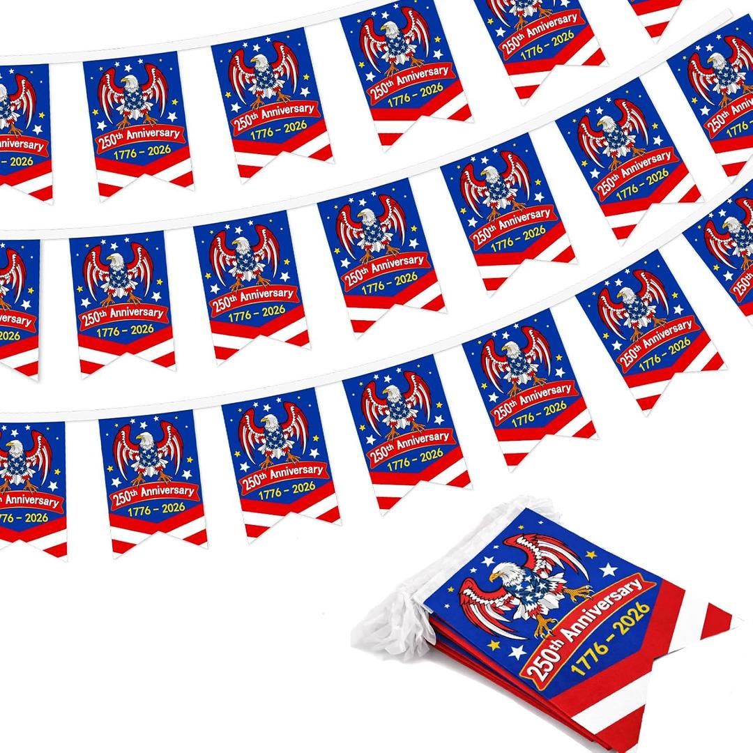 2 x 250 Anniversary USA Bunting Banner Decorations, 4th of July USA 1776-2026 Patriotic Pennant Flag Garland Indoor Outdoor Party String Banner for Independence Day American 250 Year Flag Decor