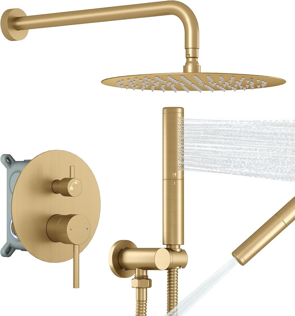 BESy Shower System with 10 Inch Round Rain Shower Head and Handheld Wall Mounted, High Pressure Rainfall Shower Faucet Fixture Combo Set with 2 in 1 Handheld Showerhead for Bathroom, Brushed Gold