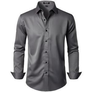 JEMITOP Men's Stretch Wrinkle Free Dress Shirts Formal Wedding Prom Slim Fit Long Sleeve Button Down Shirt L