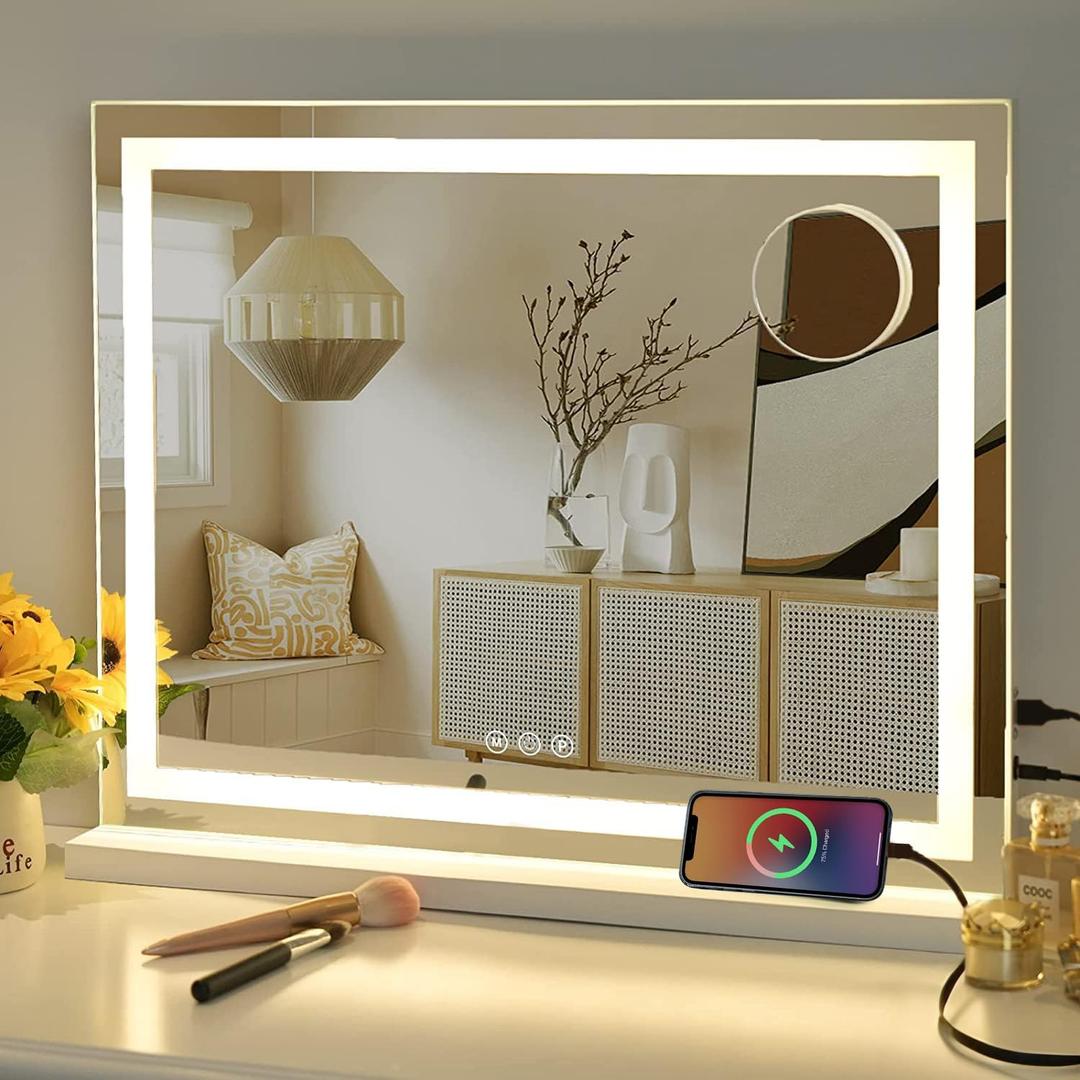 Vanity Mirror with Lights, 23" x 18" Makeup Mirror, Hollywood Mirror with 3 Color Modes & Adjustable Brightness, Detachable 10x Magnification and USB Charging Design (White) (23"L x 18"W)