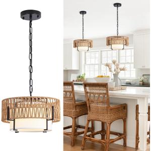 Rattan Pendant Light, 12.6" Boho Chandelier with Fabric Shade, Farmhouse Hanging Light Fixture Chandelier for Dining Room, Living Room, Bedroom, Kitchen Island, Foyer, Hallway