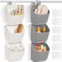 6 Pack Plastic Hanging Basket for Kitchen, Over Cabinet Door Organizer with Removable Hook, Stackable Wall Mounted Storage Shower Caddy, No Drilling Shelf Bins for Food Bathroom Pantry Closet (Grey, White)
