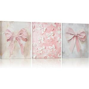 3 Pcs Coquette Pink Bow Canvas Wall Decor Christmas Cute Oil Painting Bow Wall Decor Print Trendy Preppy Cute Art with Framed for Xmas Bedroom Bathroom Kitchen College 9.84 x 7.87 Inch