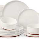E-far 18-Piece Stoneware Dinnerware Sets, Plates and Bowls Sets for 6, Ceramic Dishware Dishes Set with Terracotta Base, Chip & Scratch Resistant, Microwave & Dishwasher Safe, Speckled White