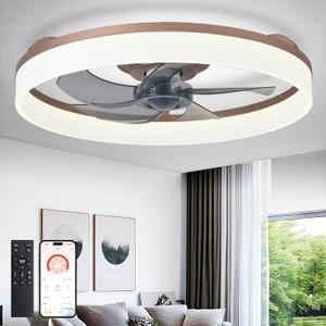 DLLT LED Ceiling Fan with Light: 20" Modern Low Profile Flush Mount Fandelier with App & Remote Control - Dimmable Brown Bladeless Fan Light Fixture for Bedroom Kids Room Living Room